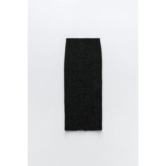 Black Zara Metallic Thread Boucle Elastic Waist Knit Pencil Midi Skirt (NWT) - Picture 7 of 10